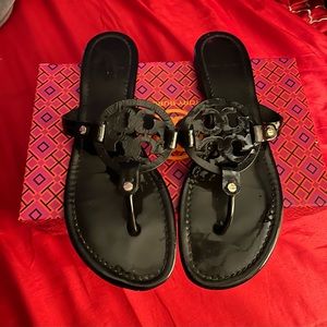 Black miller patent sandal